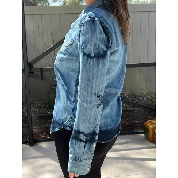 Sundry | Denim Tie Dye Long Sleeve Shirt | Star Heart Embroidery on Elbows | M - Picture 6 of 12